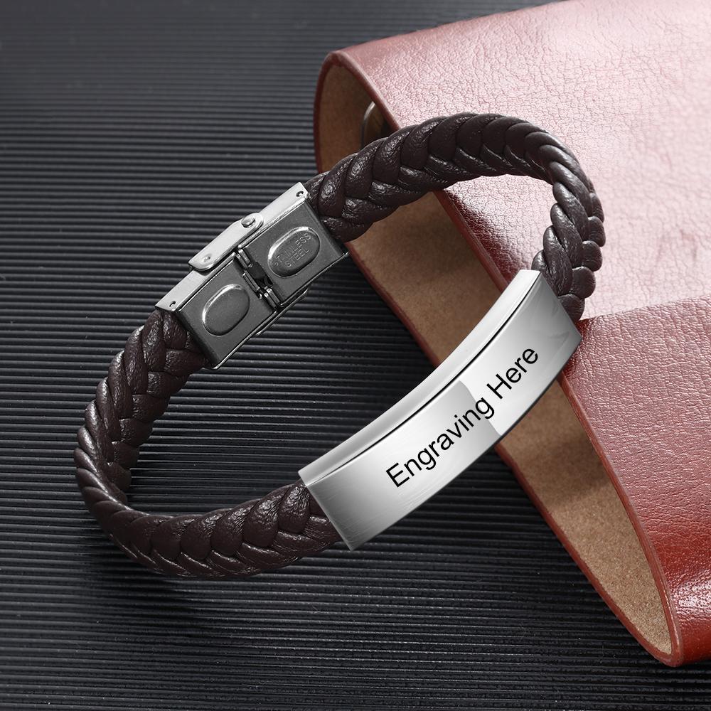 Mens Leather Bracelet Engraved Personalized ID Bracelets Black Brown - Image 8