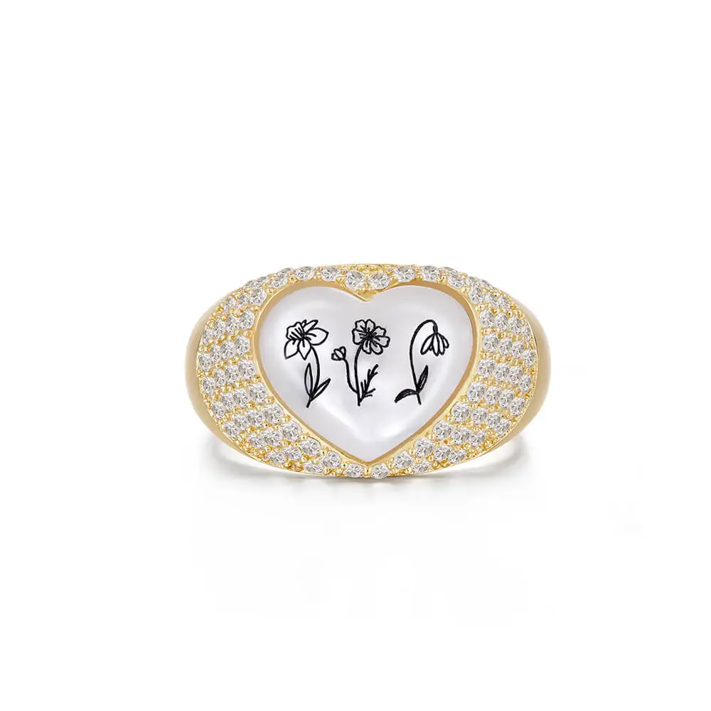 White Shell Birth Flower Heart Signet Ring