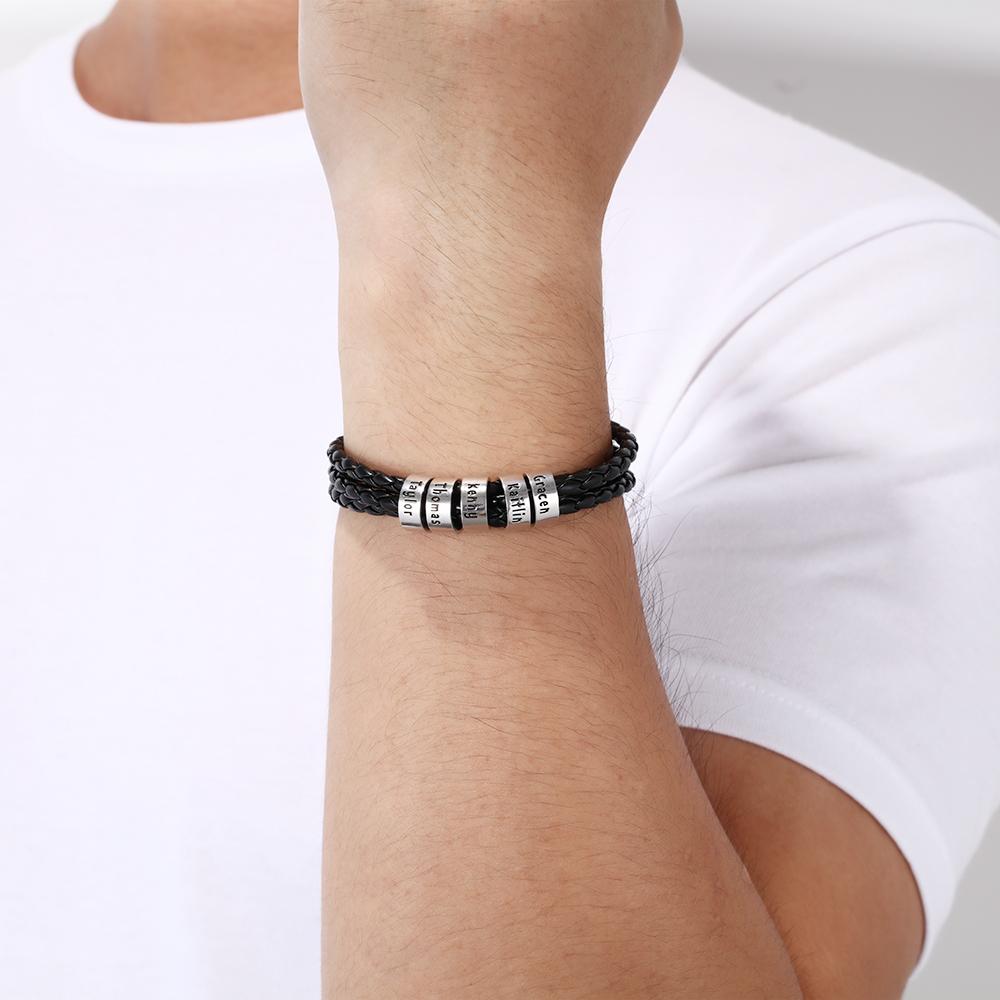 Personalized Mens Leather Braided Bracelet with 5 beads - Image 6
