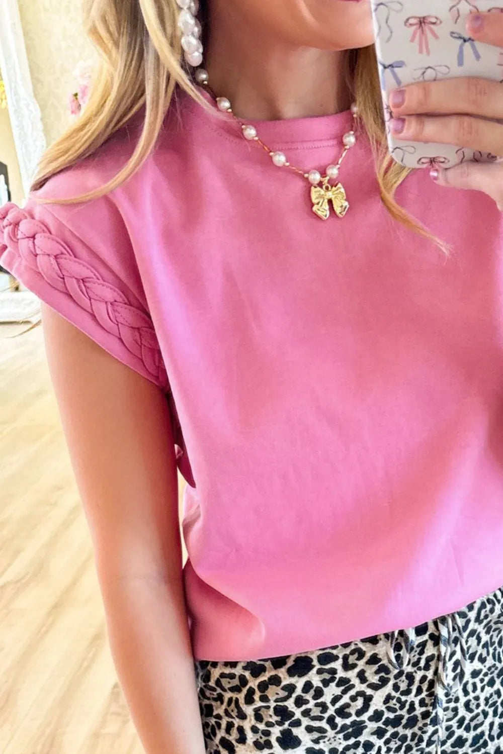 Braided Cap Sleeve Crew Neck T Shirt - Image 2