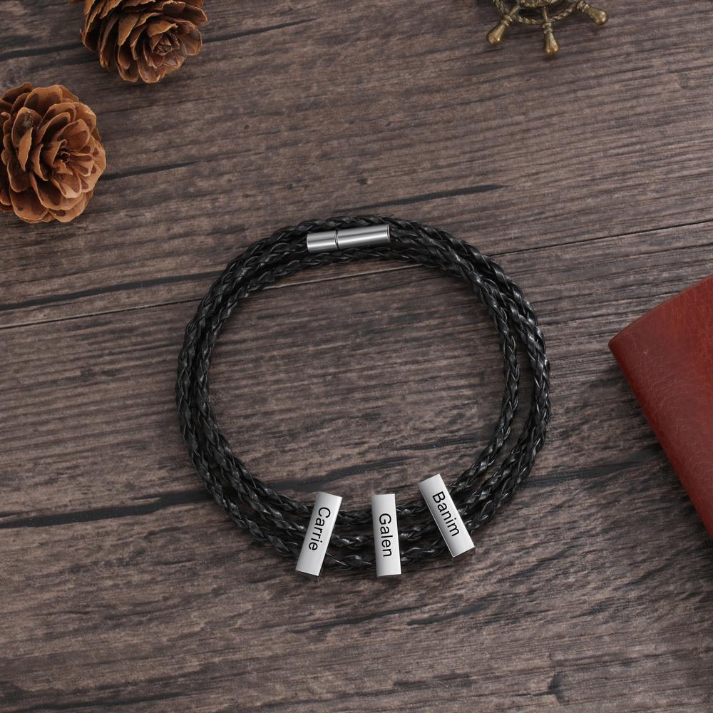 Men Leather Bracelet with Vertical Bar Three Layers Bracelet - Image 5