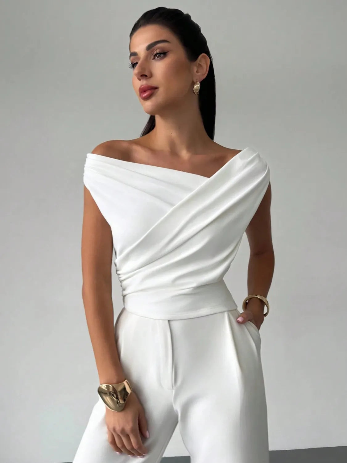 Asymmetrical Ruched Short Sleeve Top - Image 4