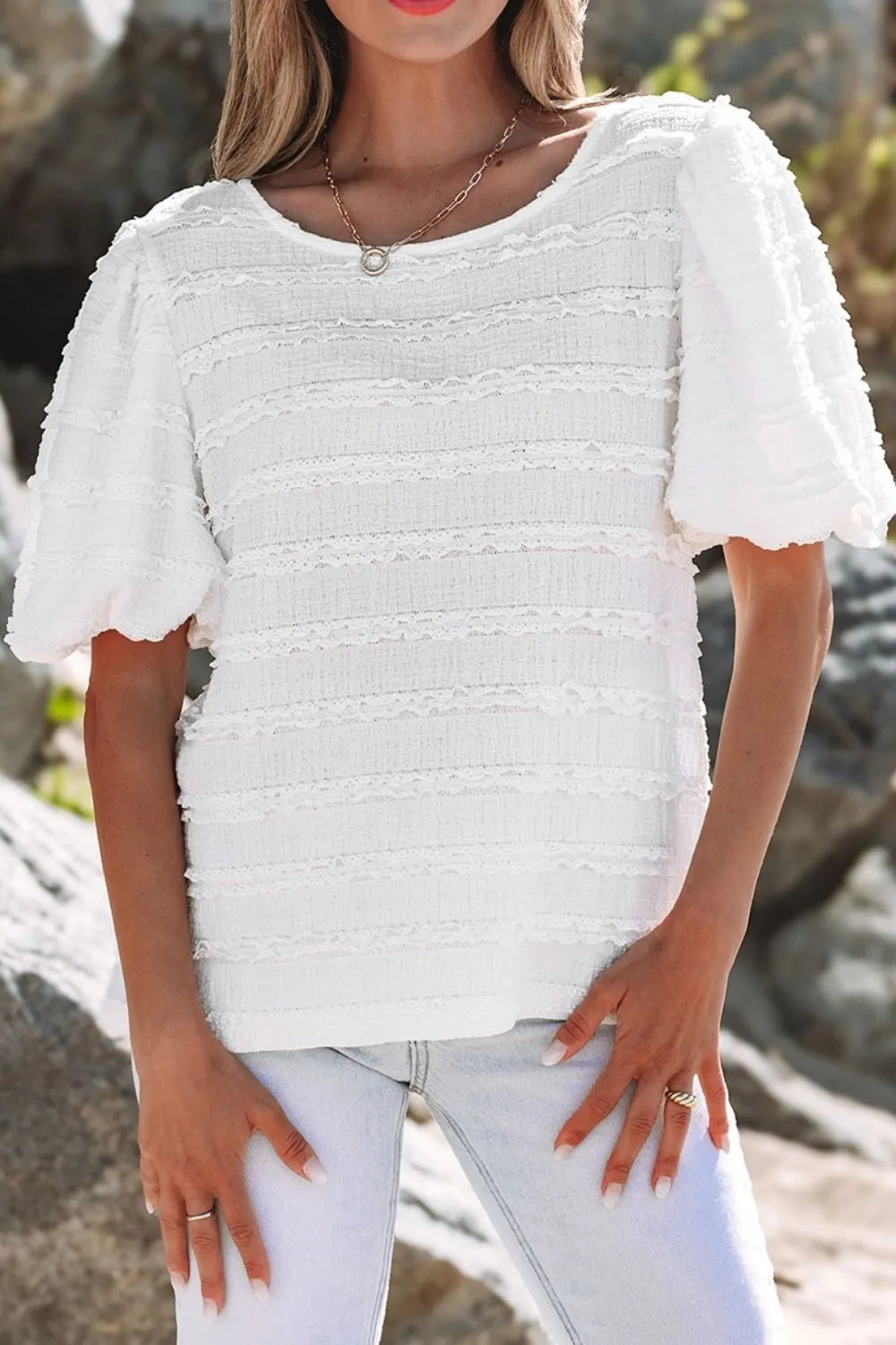 Frilled Lace Trim Bubble Sleeve Blouse - Image 3