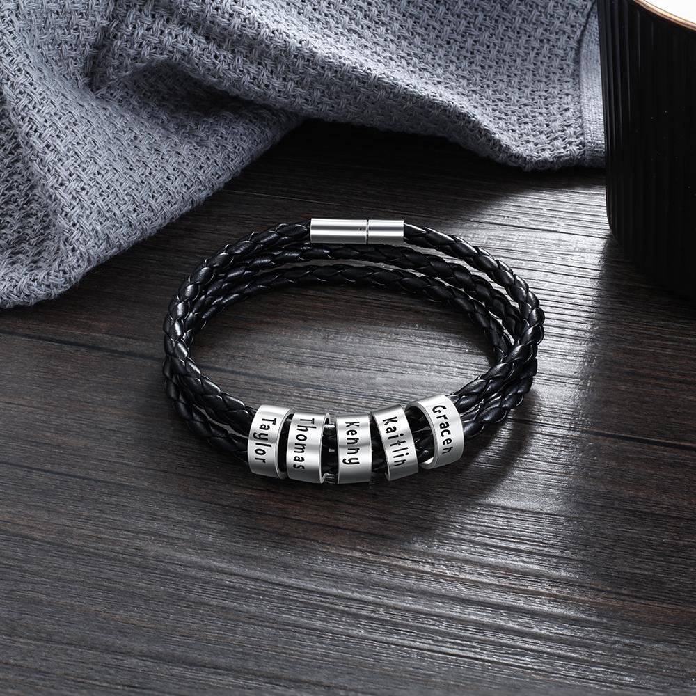 Personalized Mens Leather Braided Bracelet with 5 beads - Image 5