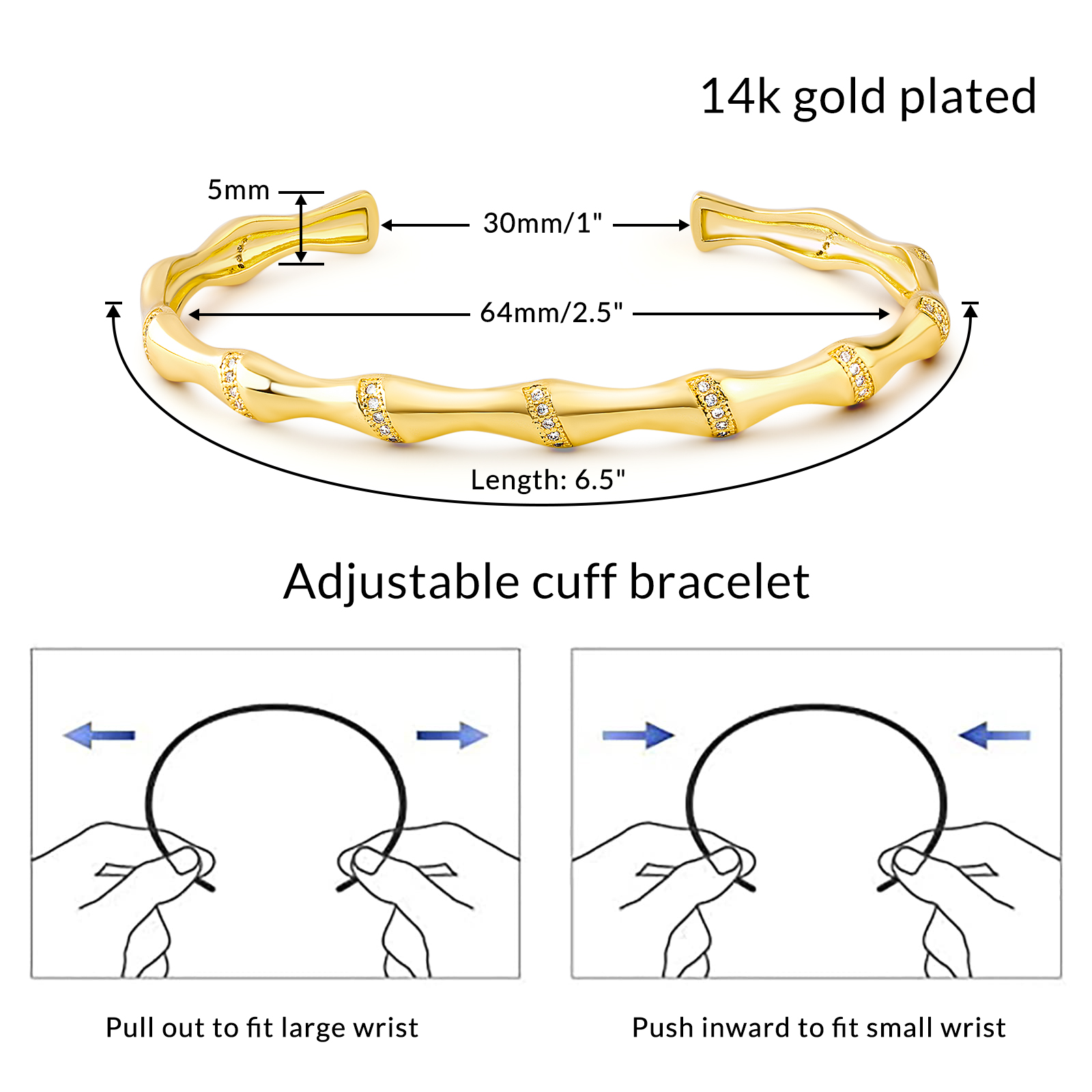 14K Gold Adjustable Cuff Bracelet Bamboo-Shaped Bangle - Image 7