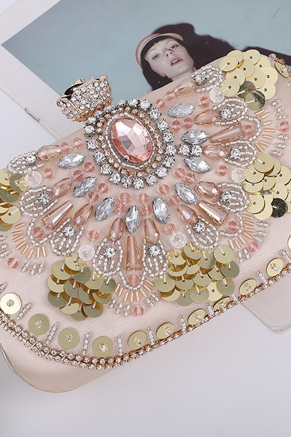 Sparkly Sequins Blush Evening Party Handbag with Beading - Image 3