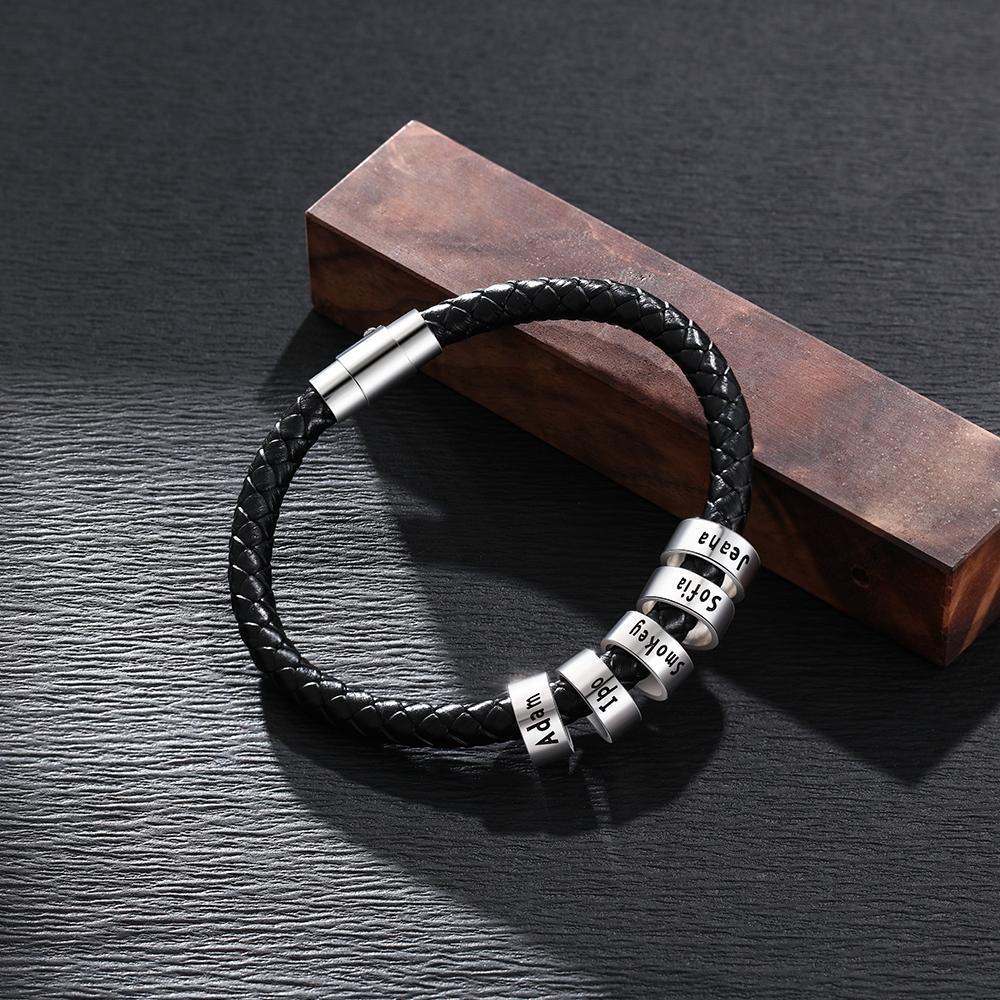 Leather Braided Rope Bracelet For Men Engraved Mens Bracelet Black with 5 beads - Image 2