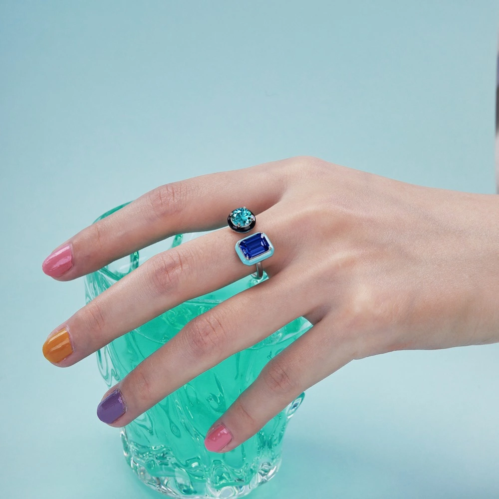 Handmade Enamel Colorful Rectangle Open Ring - Image 4