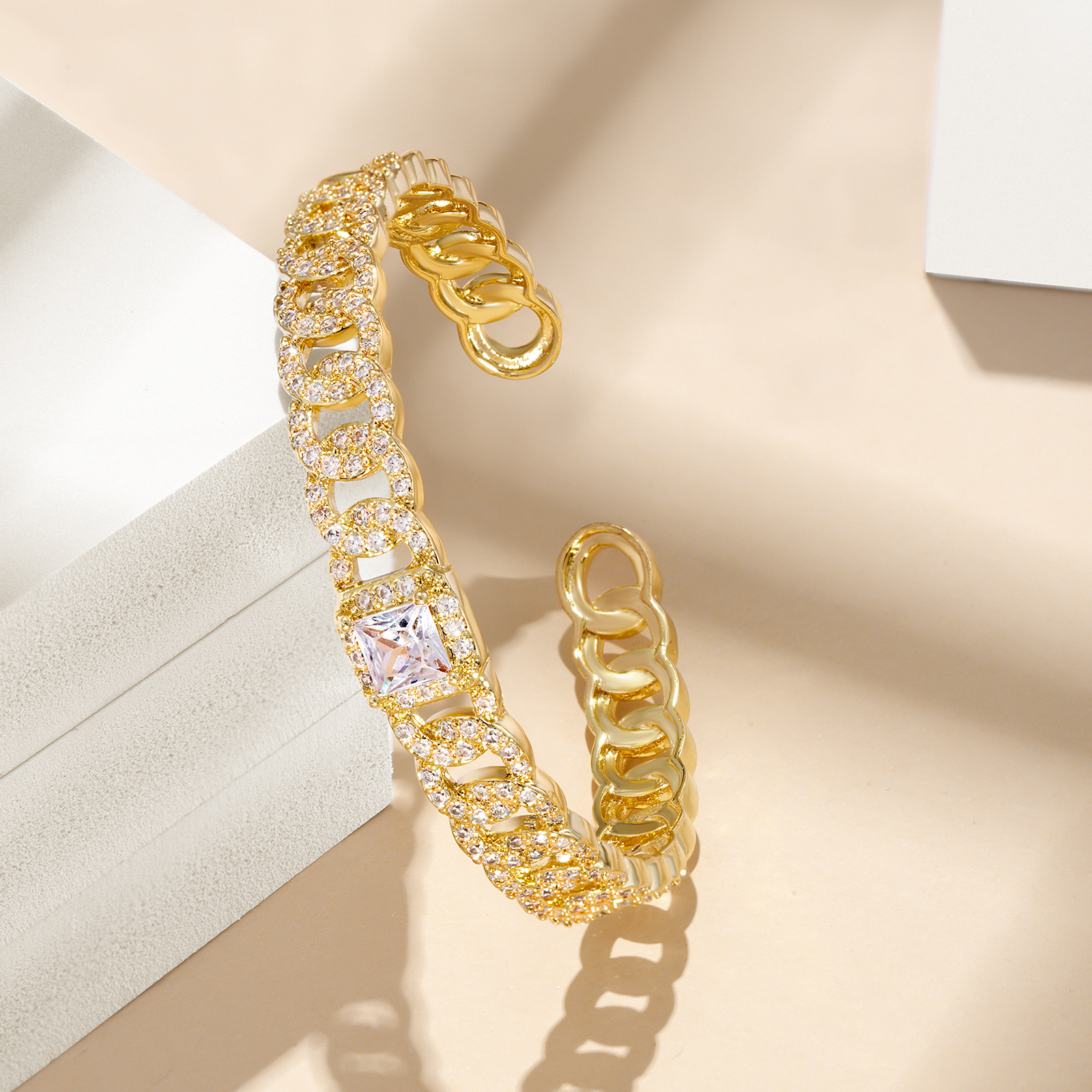 14K Yellow Gold Diamond Chain Link Open Bangle Bracelet - Image 5