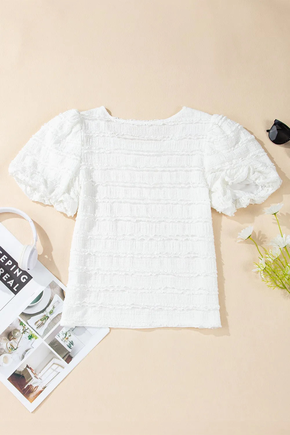 Frilled Lace Trim Bubble Sleeve Blouse - Image 7