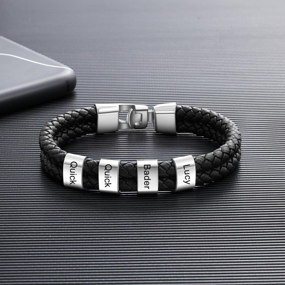 Men Leather Braided Bracelet with 4 Beads - Image 3