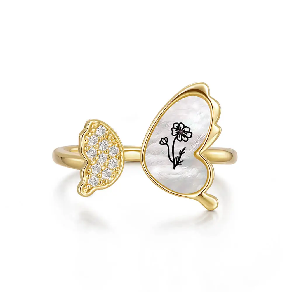 Handmade Birth Flower Butterfly Ring