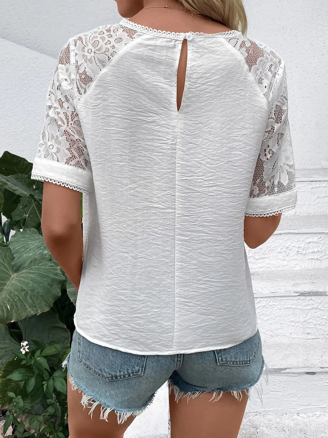 Lace Round Neck Short Sleeve Top - Image 3