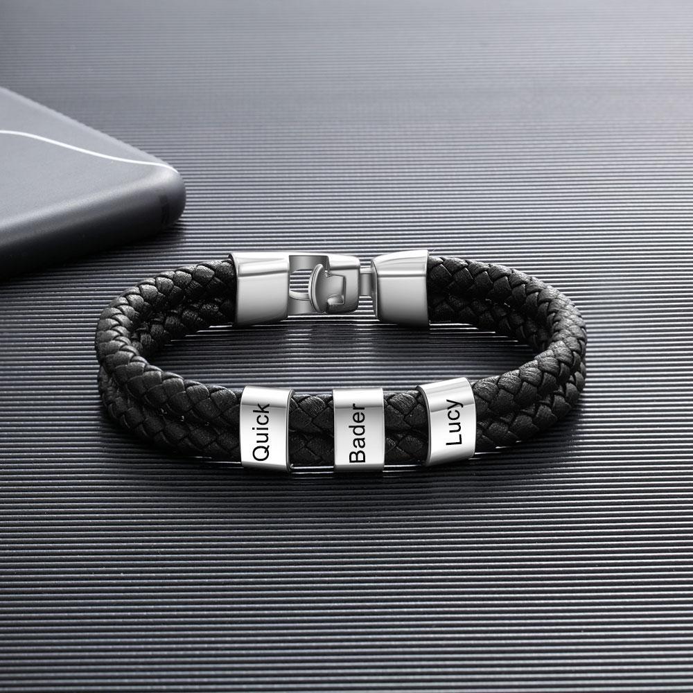Men Leather Bracelet with 3 Engraved Beads Custom Two Layers Bracelet Black - Image 4