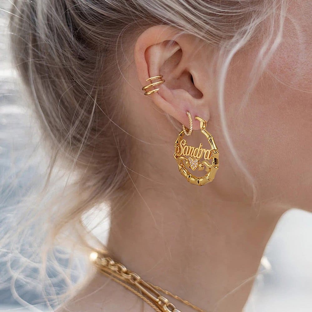 Custom Name Earrings Personalized Bamboo Hoop Earrings - Image 3