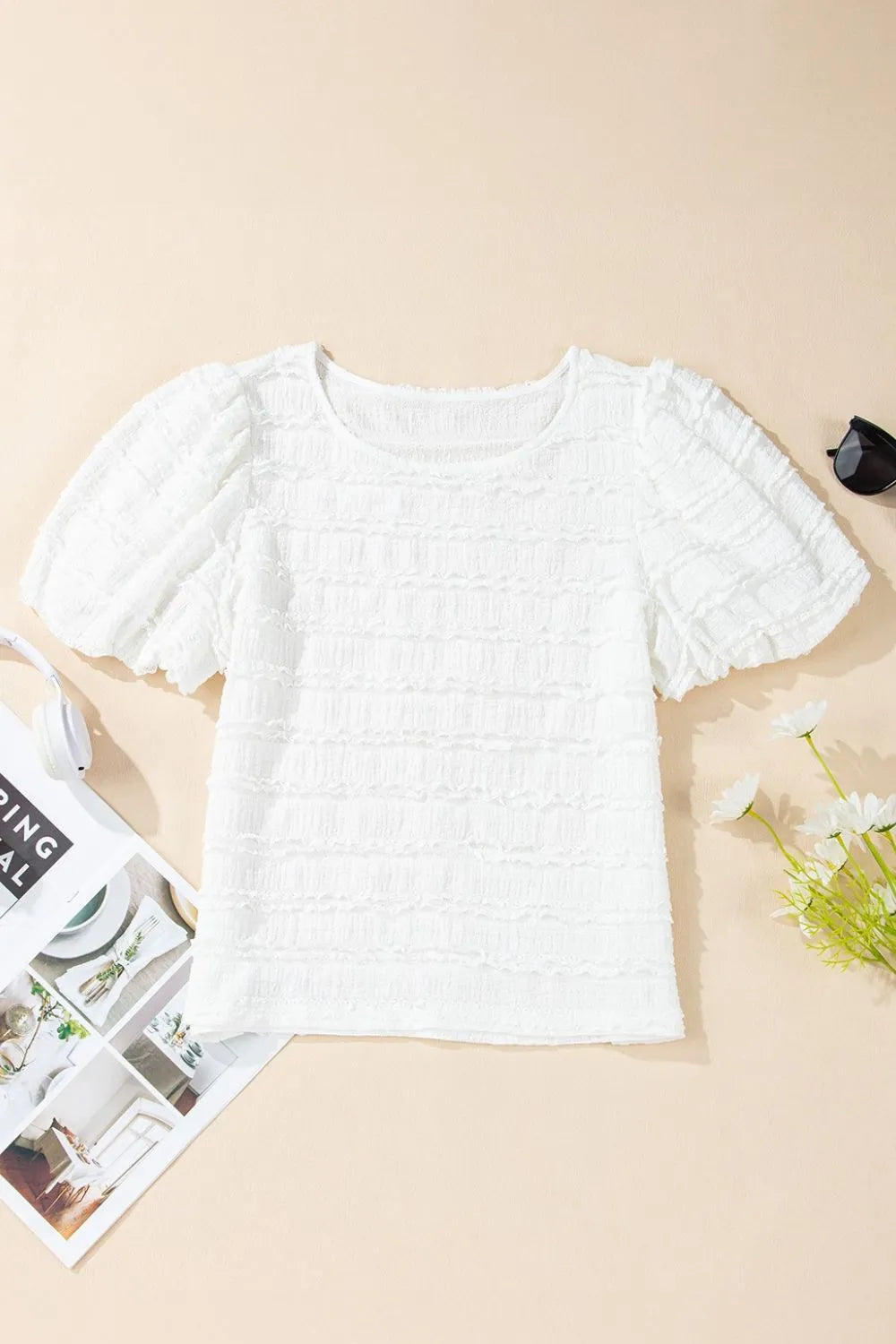 Frilled Lace Trim Bubble Sleeve Blouse - Image 6
