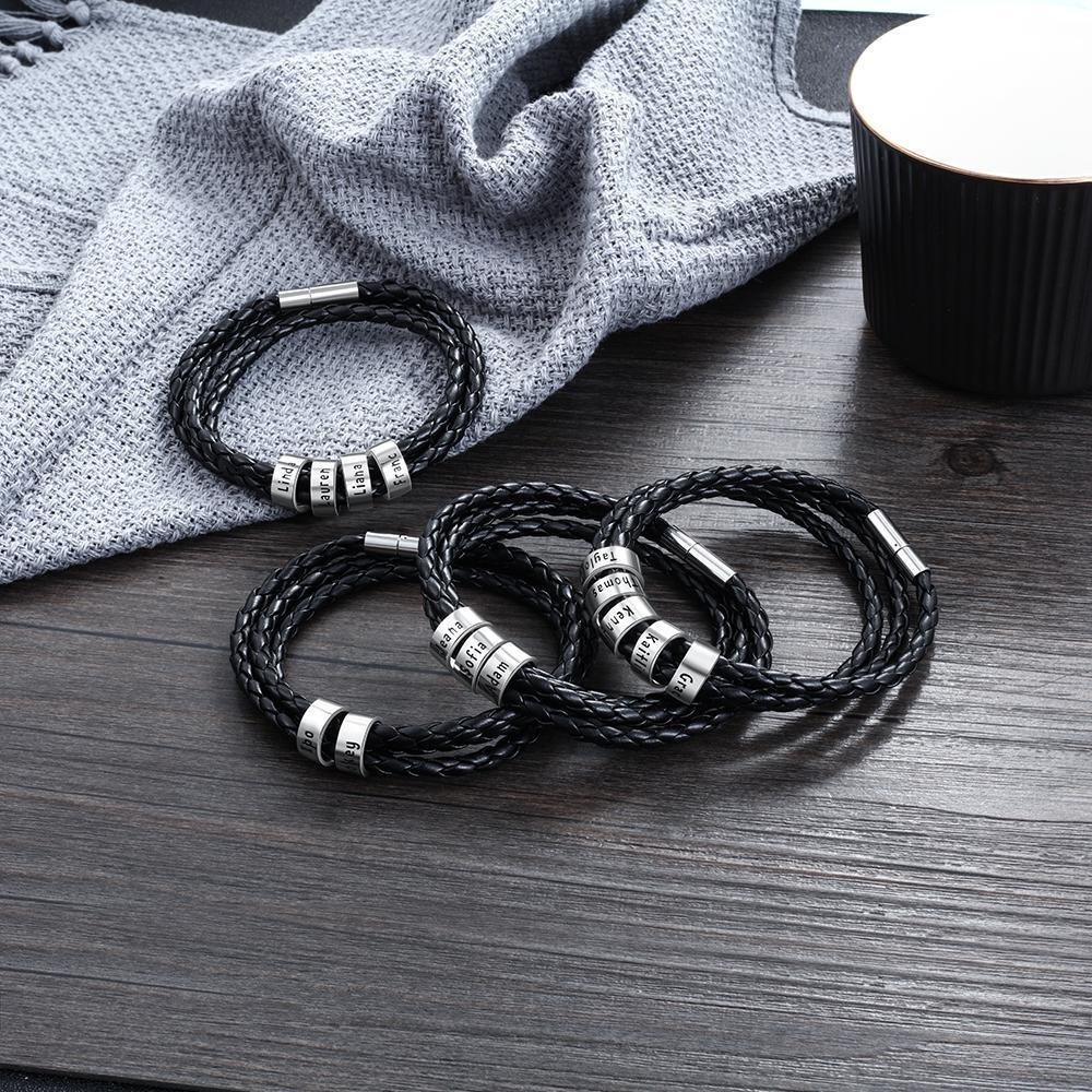 Personalized Mens Leather Braided Bracelet with 5 beads - Image 3