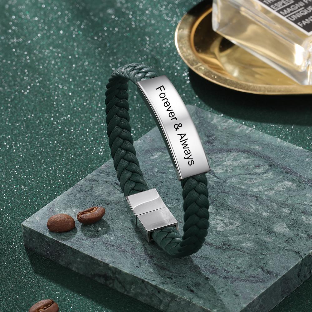 Mens Leather Bracelet Engraved Personalized ID Bracelets Black Brown - Image 11