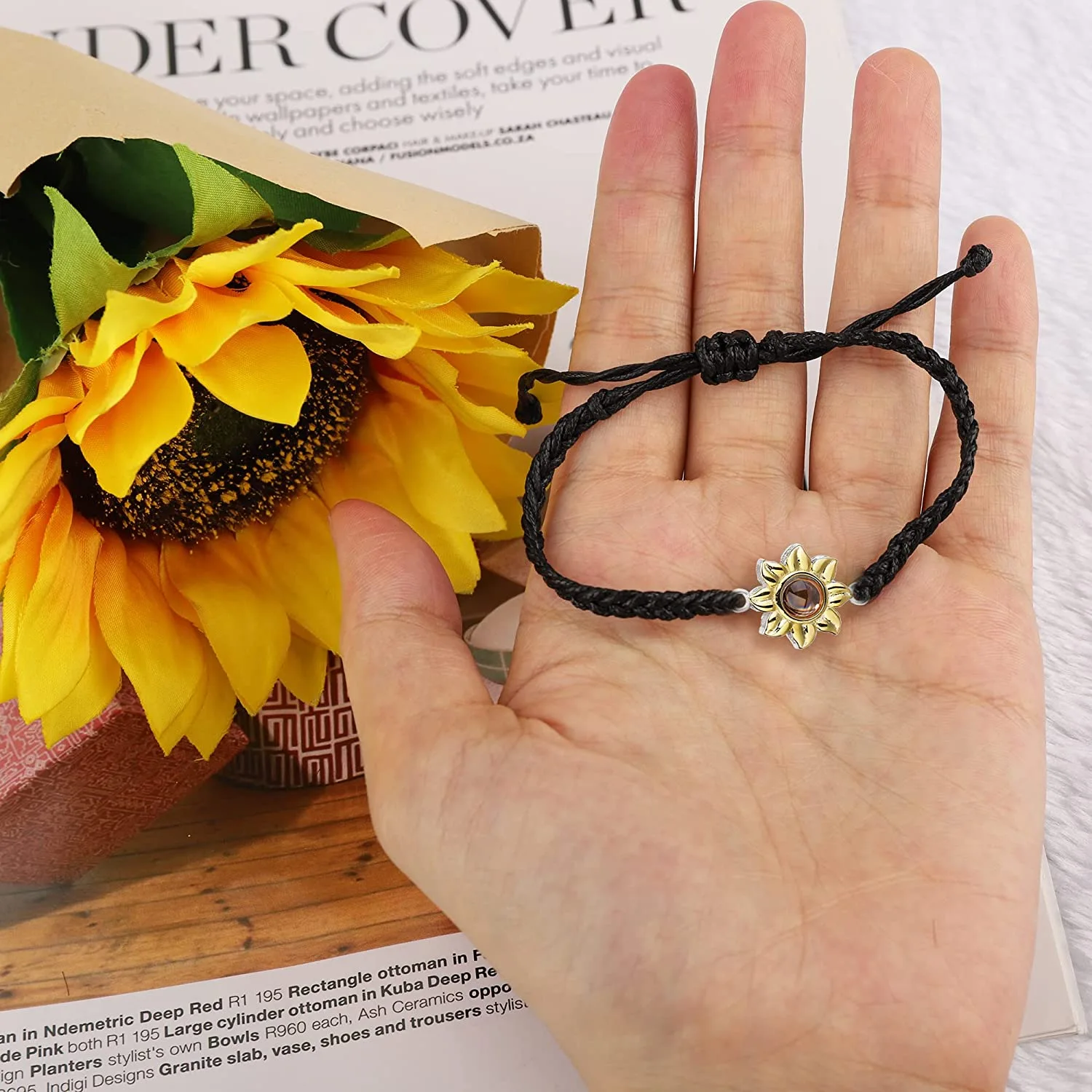 Handmade Braided Rope Sunflower Photo Projection Bracelet - Image 2