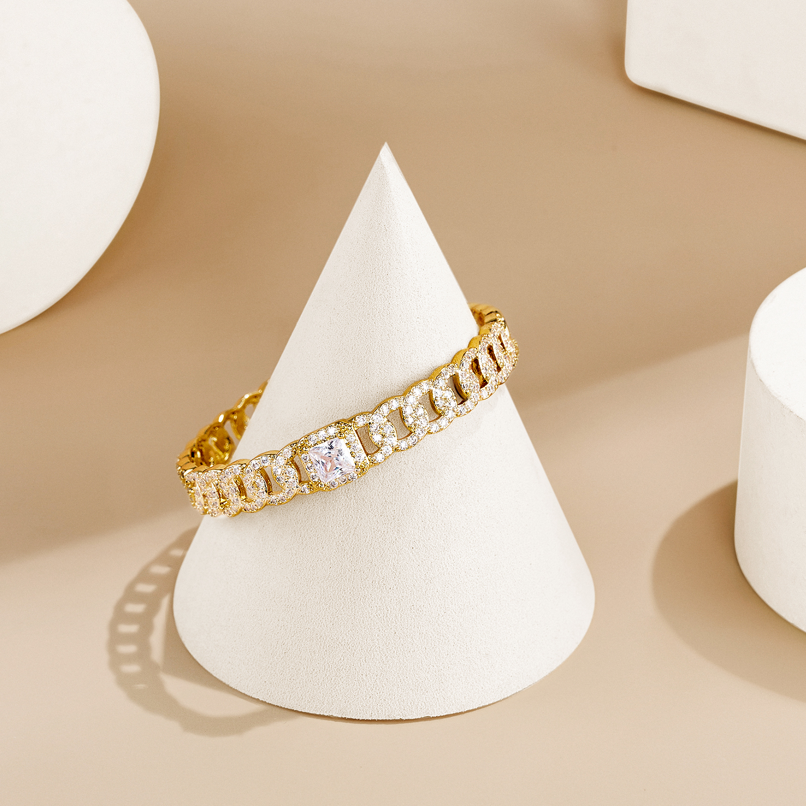 14K Yellow Gold Diamond Chain Link Open Bangle Bracelet - Image 6