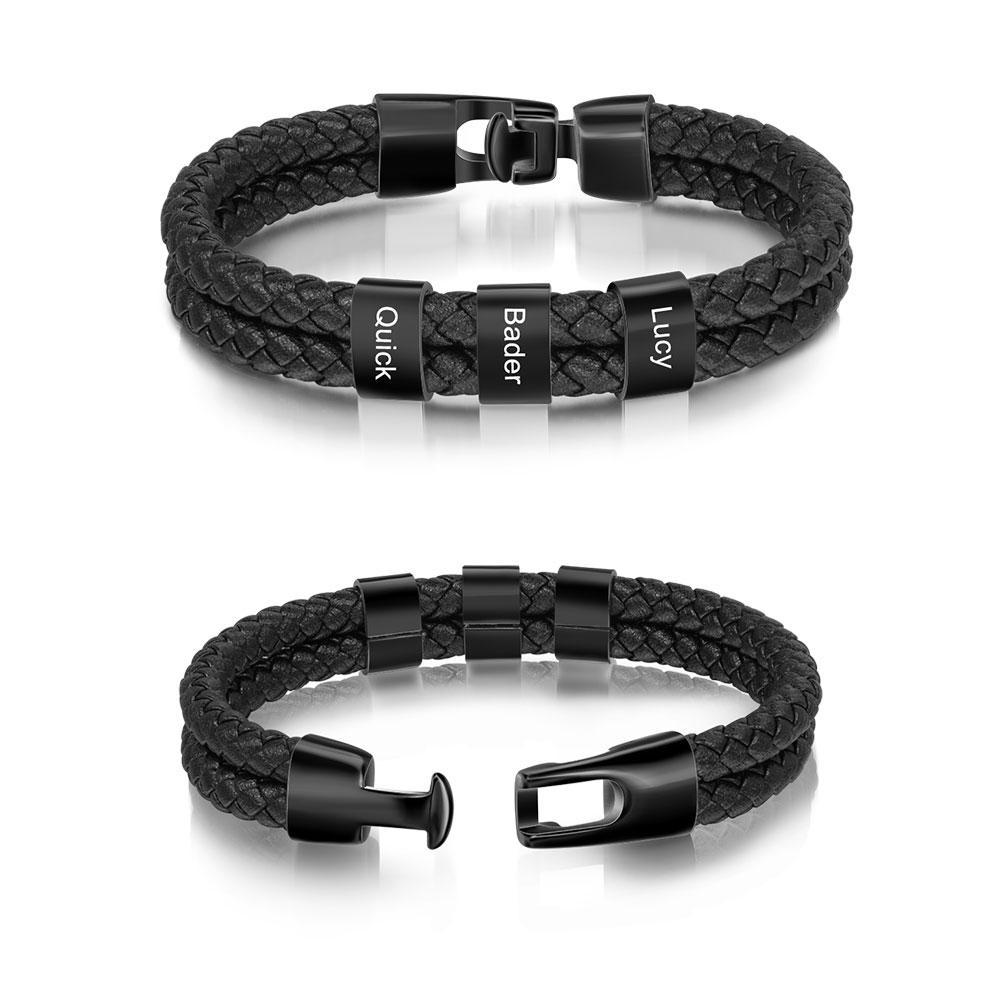 Men Leather Bracelet with 3 Engraved Beads Custom Two Layers Bracelet Black - Image 8