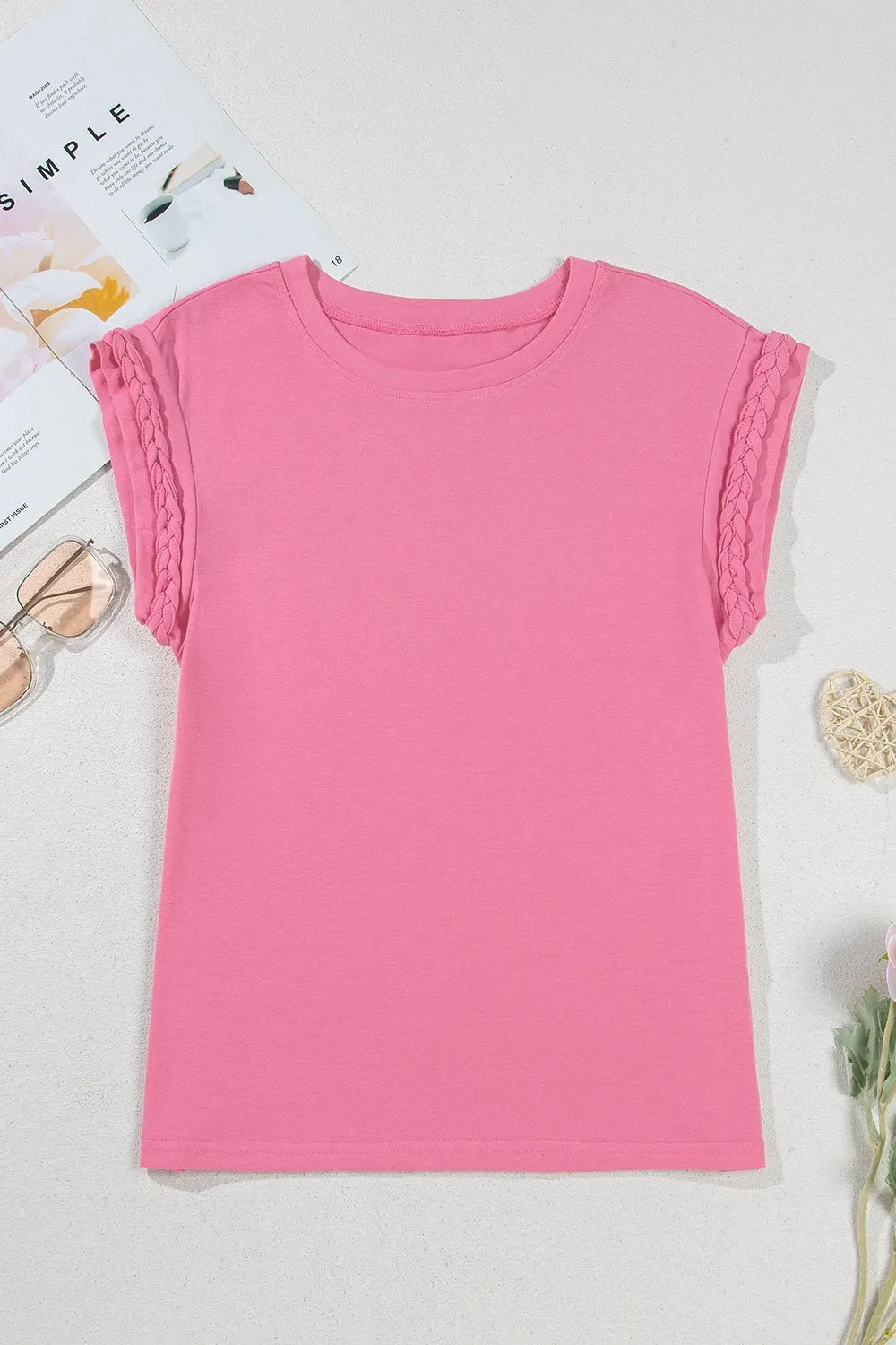 Braided Cap Sleeve Crew Neck T Shirt - Image 3