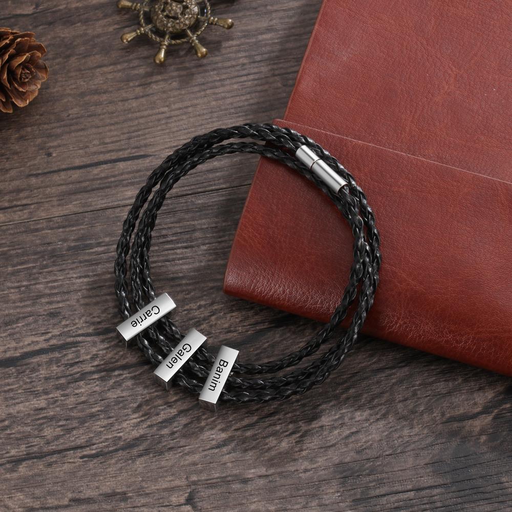 Men Leather Bracelet with Vertical Bar Three Layers Bracelet - Image 4