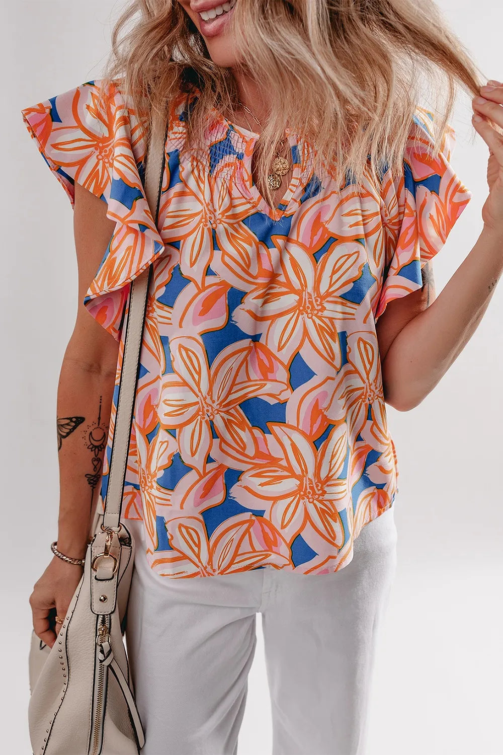 Flower Print Notched Neck Ruffle Sleeve Blouse - Image 6