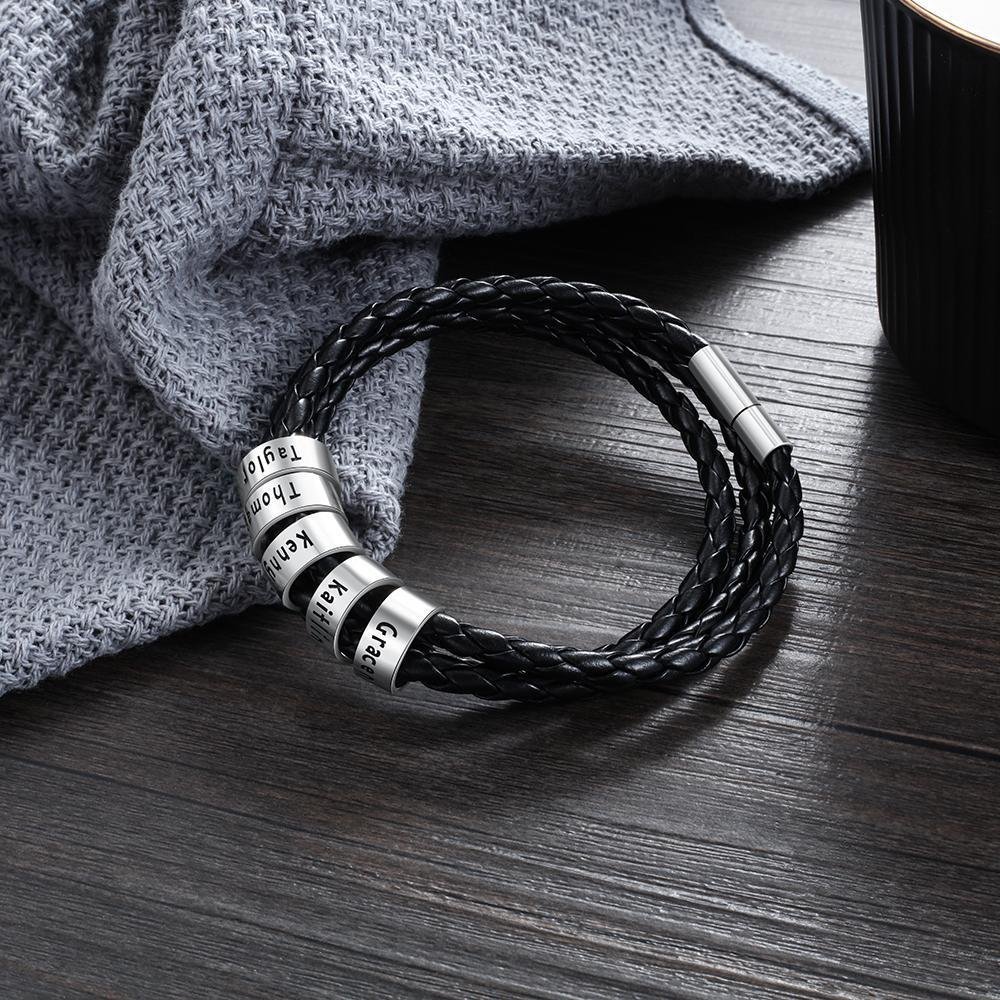 Personalized Mens Leather Braided Bracelet with 5 beads - Image 7