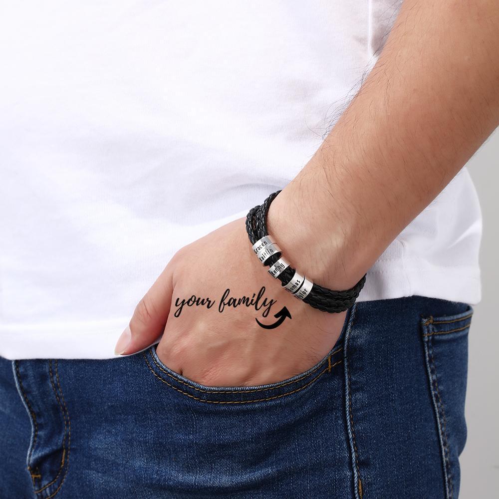 Personalized Mens Leather Braided Bracelet with 5 beads - Image 4