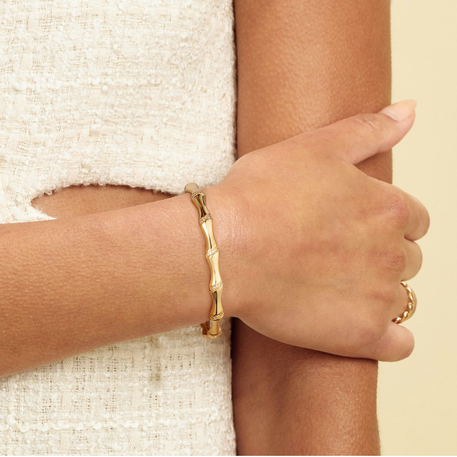 14K Gold Adjustable Cuff Bracelet Bamboo-Shaped Bangle - Image 3