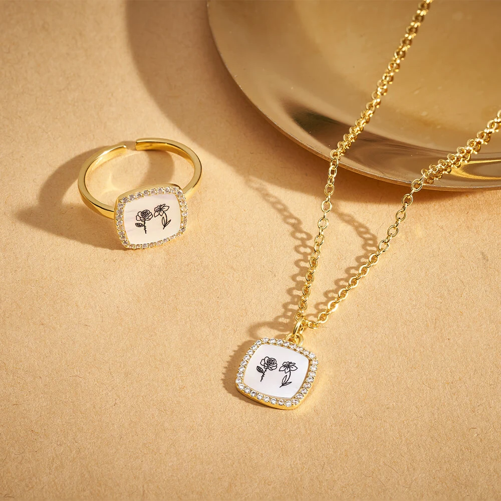White Shell Personalized Birth Flower Rings - Image 3