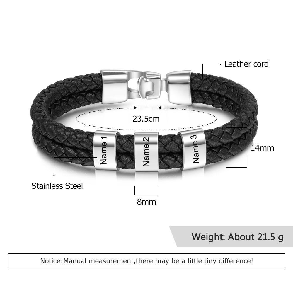 Men Leather Bracelet with 3 Engraved Beads Custom Two Layers Bracelet Black - Image 3