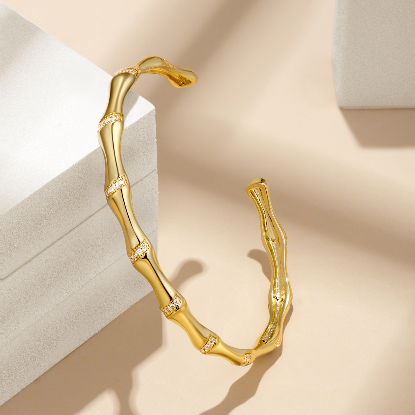 14K Gold Adjustable Cuff Bracelet Bamboo-Shaped Bangle - Image 5