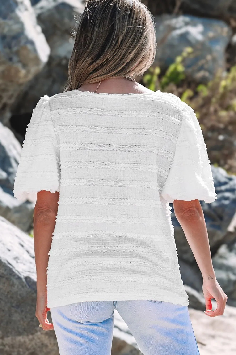 Frilled Lace Trim Bubble Sleeve Blouse - Image 4