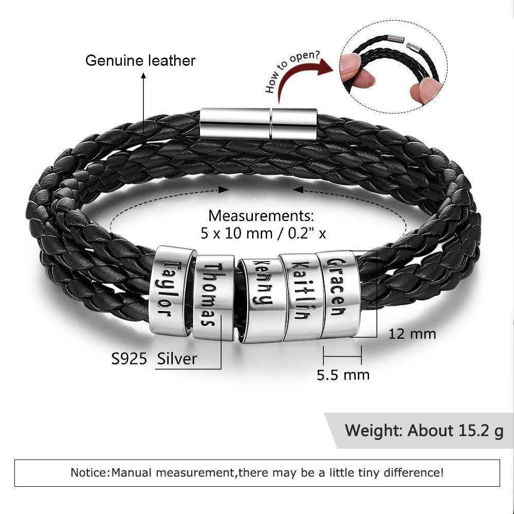 Personalized Mens Leather Braided Bracelet with 5 beads - Image 2