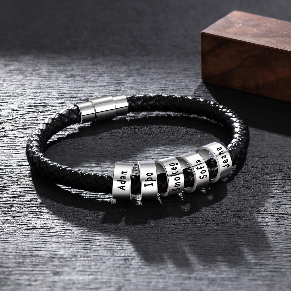 Leather Braided Rope Bracelet For Men Engraved Mens Bracelet Black with 5 beads - Image 4