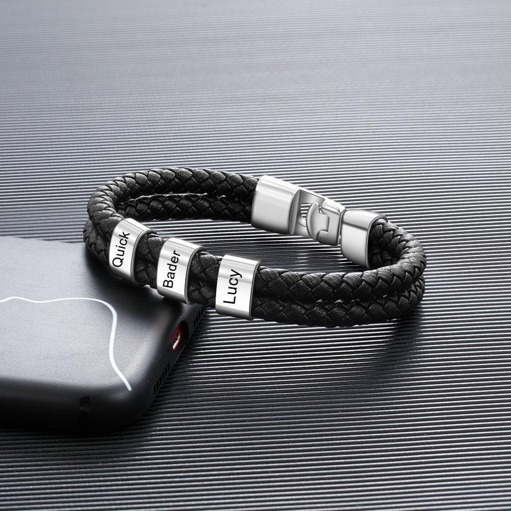 Men Leather Bracelet with 3 Engraved Beads Custom Two Layers Bracelet Black - Image 7