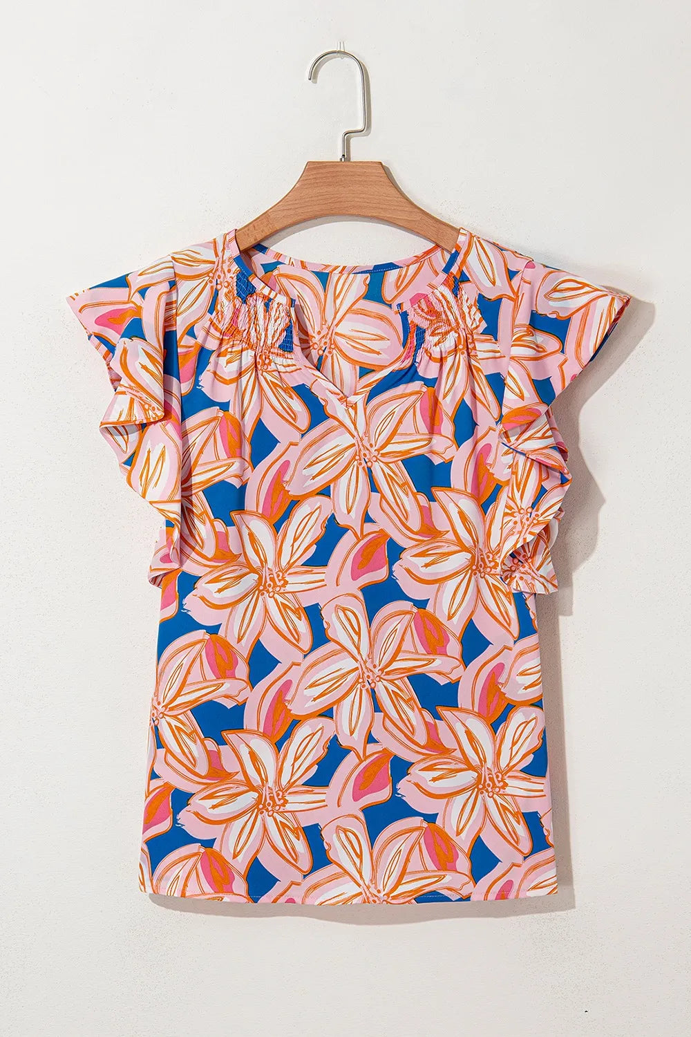 Flower Print Notched Neck Ruffle Sleeve Blouse - Image 7