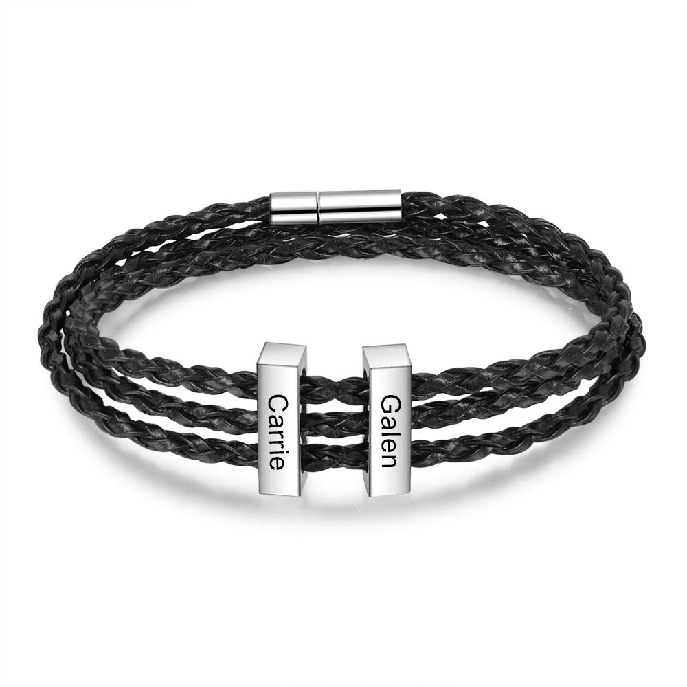 Men Leather Bracelet with Vertical Bar Three Layers Bracelet