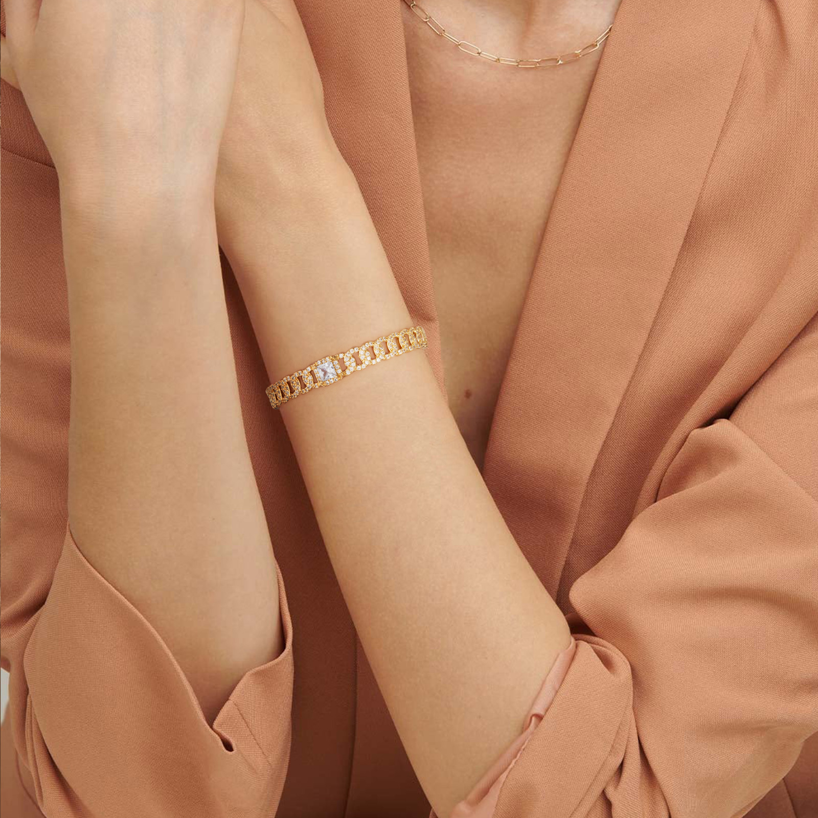 14K Yellow Gold Diamond Chain Link Open Bangle Bracelet - Image 4