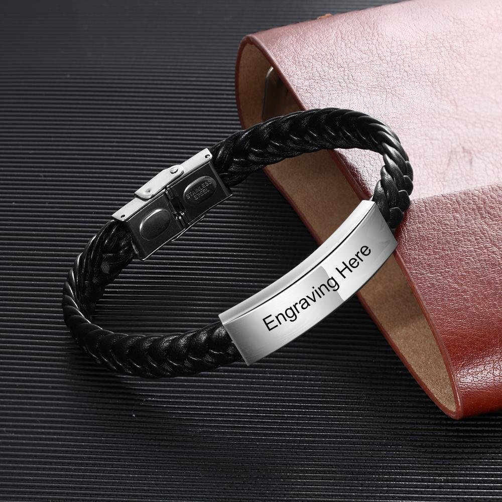 Mens Leather Bracelet Engraved Personalized ID Bracelets Black Brown - Image 4