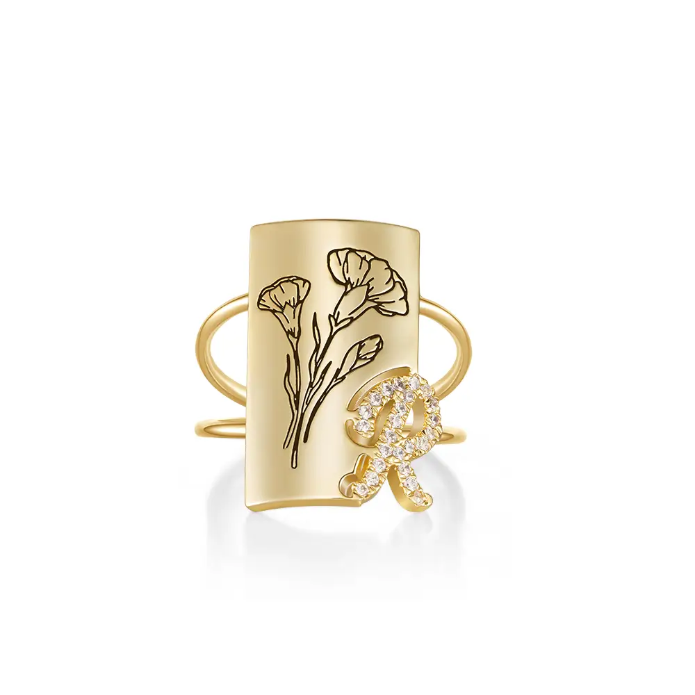 Custom Shining Birth Flower Letter Ring