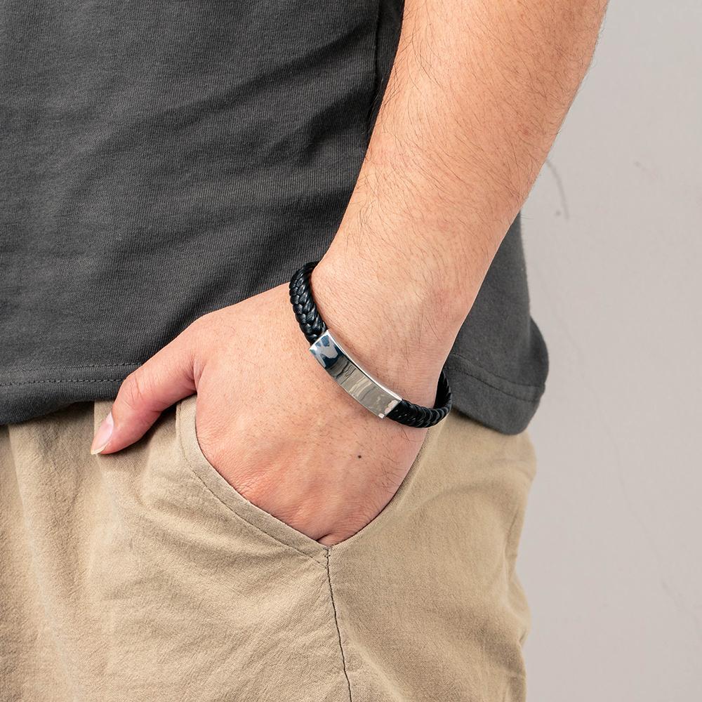 Mens Leather Bracelet Engraved Personalized ID Bracelets Black Brown - Image 3