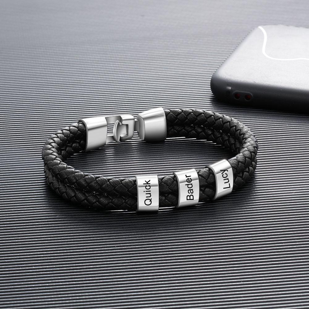 Men Leather Bracelet with 3 Engraved Beads Custom Two Layers Bracelet Black - Image 6