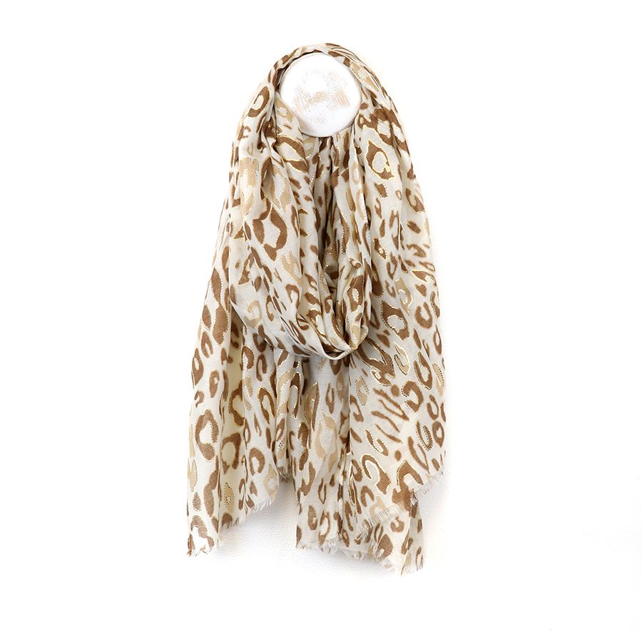 Beige Mix Animal Print Metallic Overlay Scarf