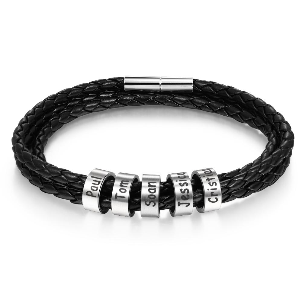 Personalized Mens Leather Braided Bracelet with 5 beads - Image 9