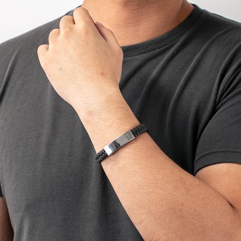 Mens Leather Bracelet Engraved Personalized ID Bracelets Black Brown - Image 2
