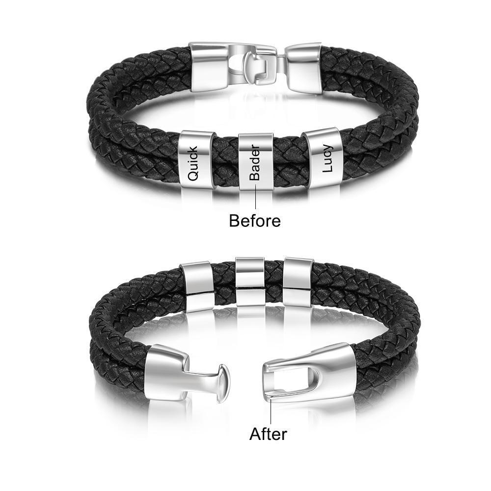 Men Leather Bracelet with 3 Engraved Beads Custom Two Layers Bracelet Black - Image 2