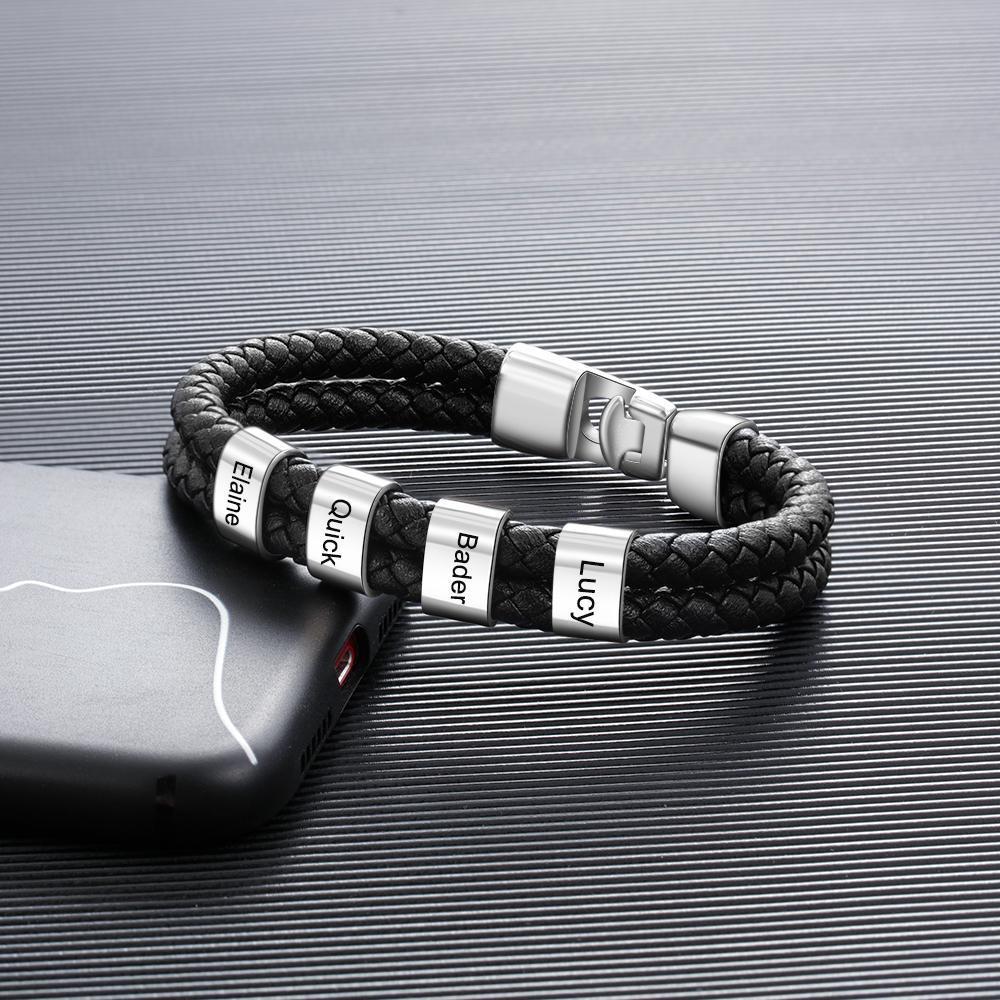 Men Leather Braided Bracelet with 4 Beads - Image 4
